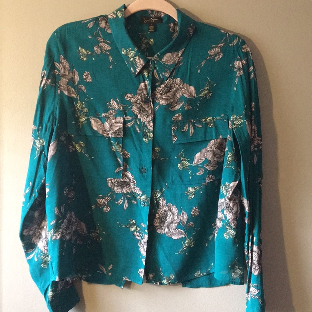 Jessica Simpson Teal/Blush Asymmetrical Blouse